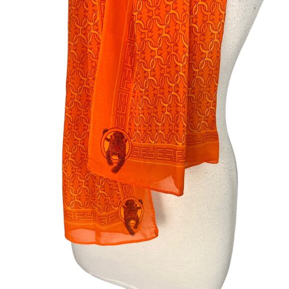 Effy Hematian Silk Scarf with Panther and Geometric Print Orange Rectangle 58x17 - Picture 8 of 9